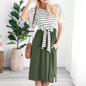 Striped Ruffle Sleeves Tie Waist Midi Dress with Pockets